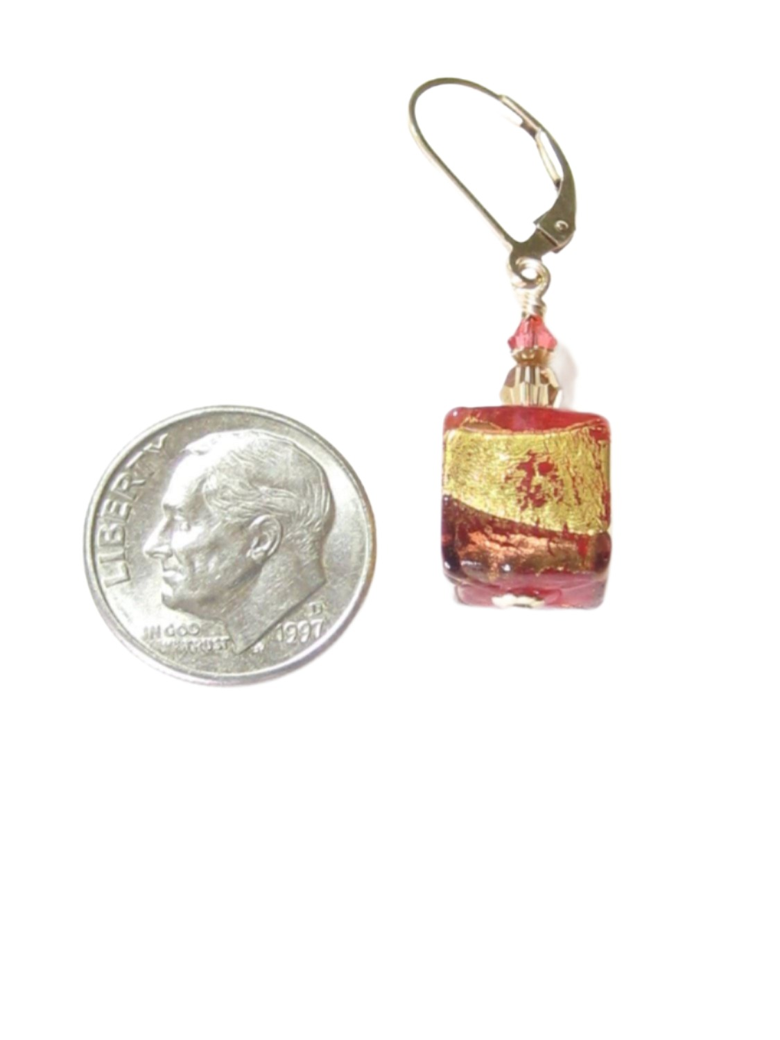 Murano Glass Pink Brown Cube Gold Earrings, Gold Filled Leverbacks - JKC Murano