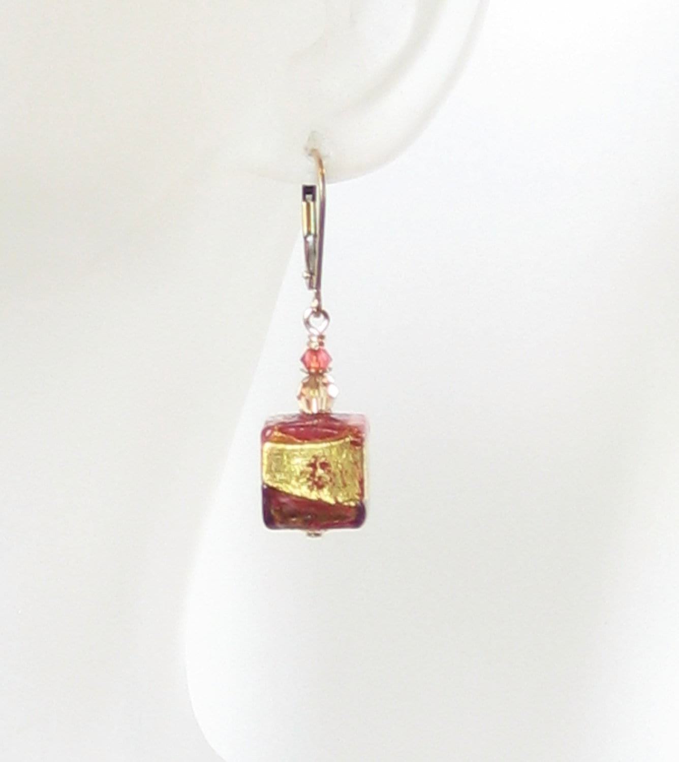 Murano Glass Pink Brown Cube Gold Earrings, Gold Filled Leverbacks - JKC Murano