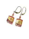 Murano Glass Pink Brown Cube Gold Earrings, Gold Filled Leverbacks - JKC Murano