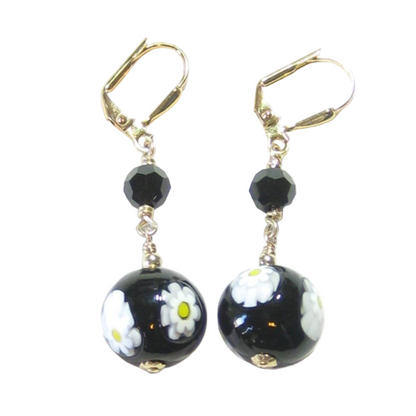 Venetian Glass Millefiori Daisy Black Ball Dangle Gold Earrings, Italian Jewelry - JKC Murano