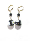 Venetian Glass Millefiori Daisy Black Ball Dangle Gold Earrings, Italian Jewelry - JKC Murano