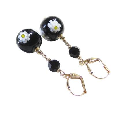 Venetian Glass Millefiori Daisy Black Ball Dangle Gold Earrings, Italian Jewelry - JKC Murano