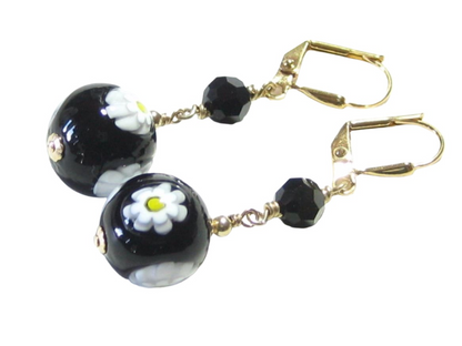 Venetian Glass Millefiori Daisy Black Ball Dangle Gold Earrings, Italian Jewelry - JKC Murano