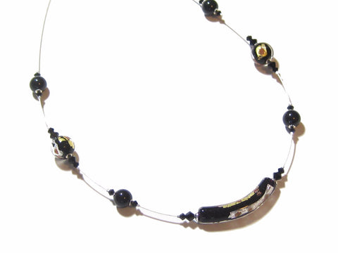 Murano Glass Black Gold Tube Sterling Silver Necklace, Illusion Necklace - JKC Murano