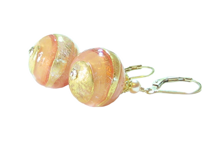Murano Glass Peach Ball Dangle Gold Earrings - JKC Murano