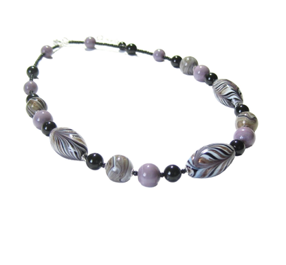 Murano Glass Zebra Black lavender Beaded Silver Necklace - JKC Murano