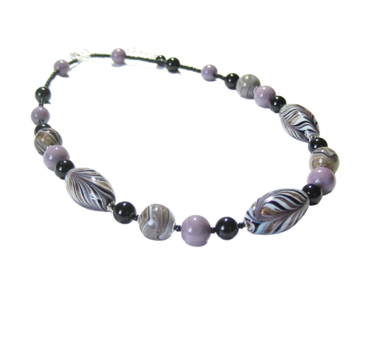 Murano Glass Zebra Black lavender Beaded Silver Necklace - JKC Murano