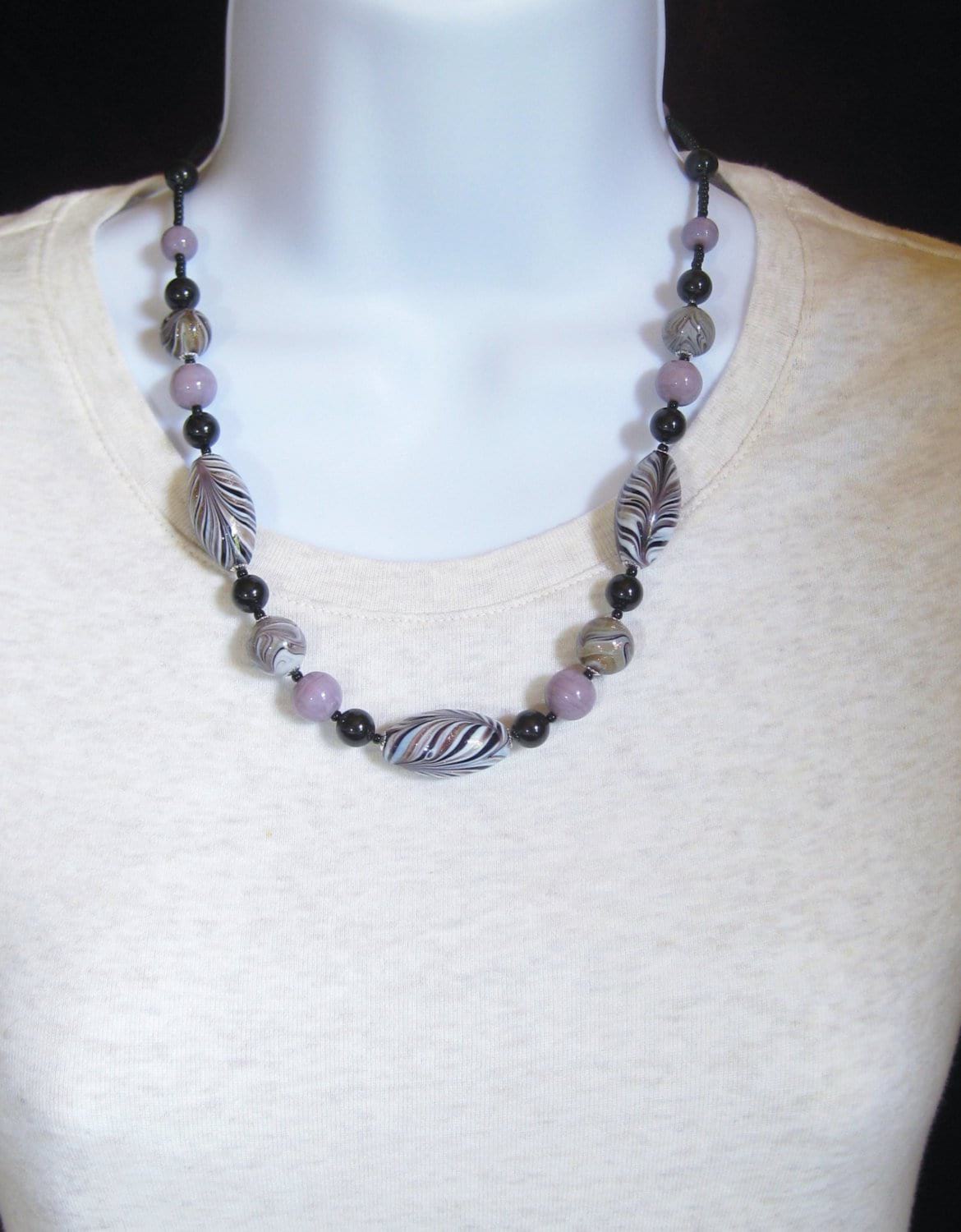 Murano Glass Zebra Black lavender Beaded Silver Necklace - JKC Murano