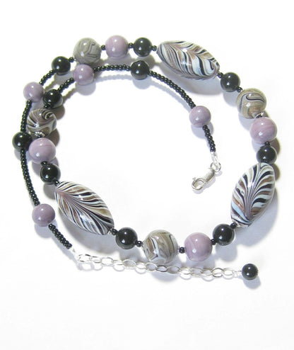 Murano Glass Zebra Black lavender Beaded Silver Necklace - JKC Murano