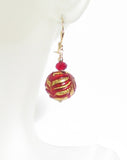 Murano Glass Red Feather Ball Gold Earrings, Leverback Earrings - JKC Murano