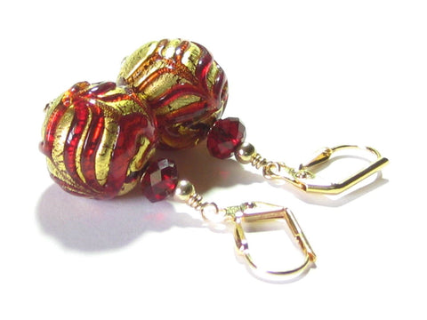 Murano Glass Red Feather Ball Gold Earrings, Leverback Earrings - JKC Murano