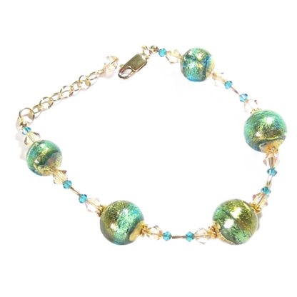 Murano Glass Aqua Gold Olive Green Ball Bracelet - JKC Murano