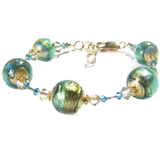 Murano Glass Aqua Gold Olive Green Ball Bracelet - JKC Murano