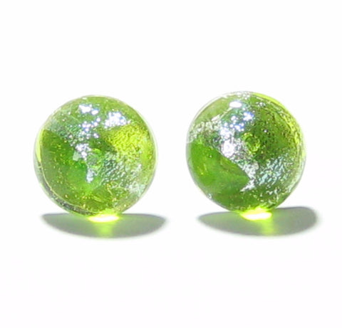 Murano Glass Lime Green Silver Dichroic Button Earrings, Sterling Silver Stud Earrings - JKC Murano