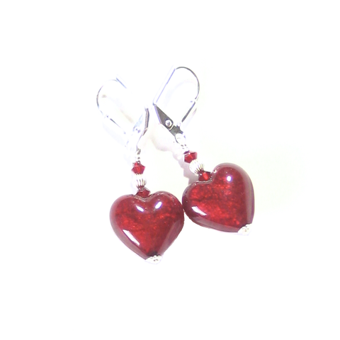 Murano Glass Red Heart Sterling Silver Earrings, Venetian Jewelry