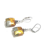 Murano Glass Pillow Square Topaz Gold Silver Earrings