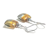 Murano Glass Pillow Square Topaz Gold Silver Earrings