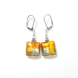 Murano Glass Pillow Square Topaz Gold Silver Earrings