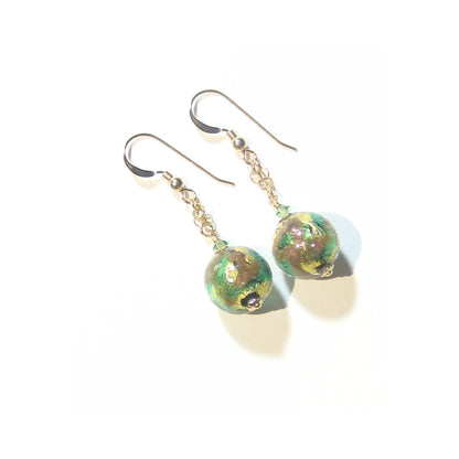 Murano Glass Green Copper Ball Gold Earrings, Venetian Jewelry - JKC Murano