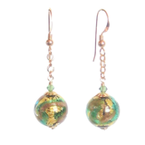 Murano Glass Green Copper Ball Gold Earrings, Venetian Jewelry - JKC Murano