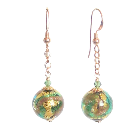 Murano Glass Green Copper Ball Gold Earrings, Venetian Jewelry - JKC Murano