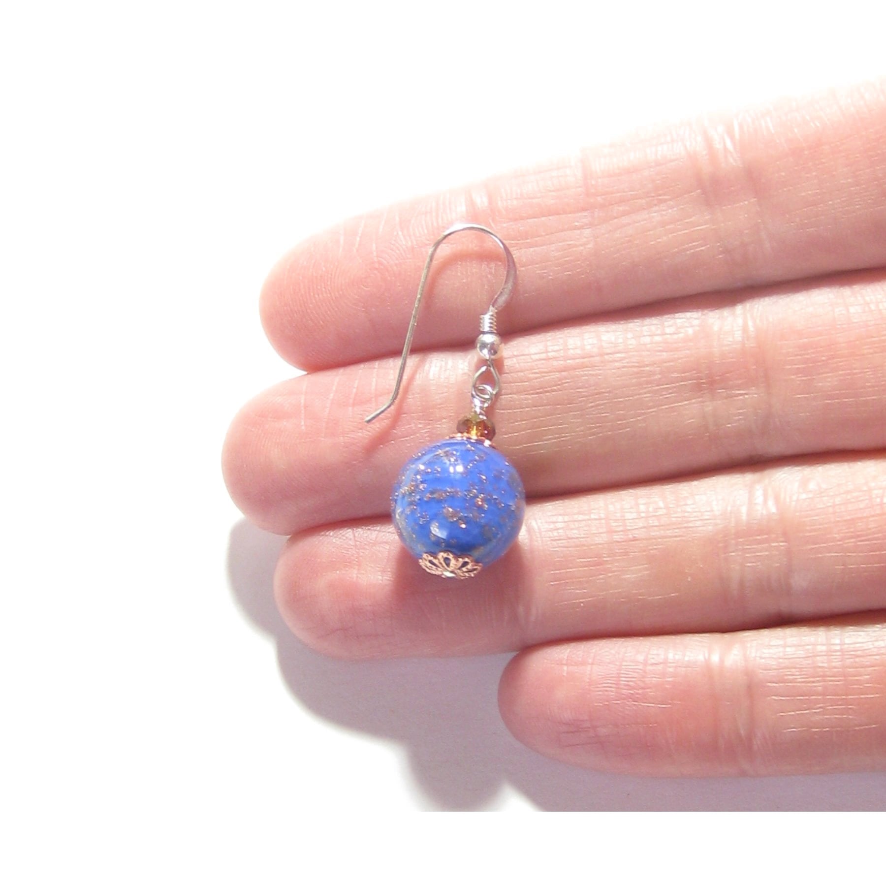 Murano Glass Lapis Blue Copper Ball Silver Earrings, Clip on Earrings - JKC Murano