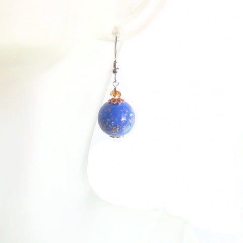 Murano Glass Lapis Blue Copper Ball Silver Earrings, Clip on Earrings - JKC Murano