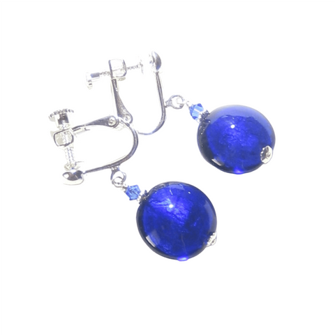 Murano Glass Cobalt Blue Disc Sterling Silver Earrings - JKC Murano