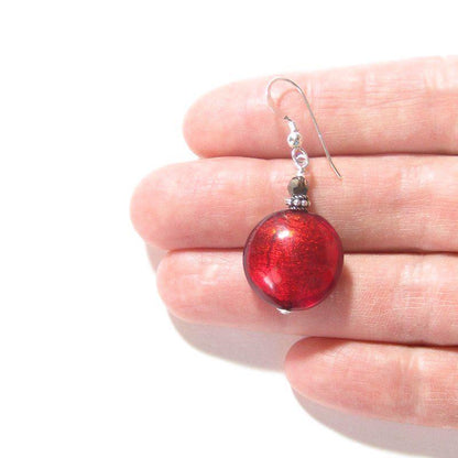 Murano Glass Large Red Disc Sterling Silver Earrings - JKC Murano