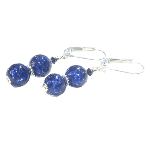 Murano Glass Dark Blue Double Ball Sterling Silver Earrings - JKC Murano