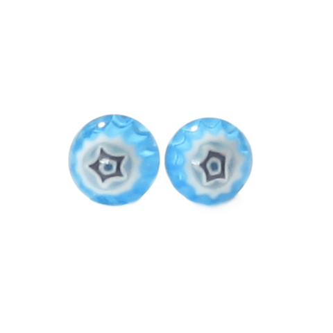 Aqua White Star Millefiori Sterling Post Post Earrings - JKC Murano