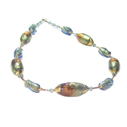 Murano Italian Glass Brown Green Beaded Gold Necklace - JKC Murano