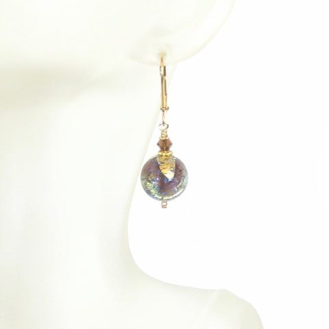 Murano Glass Brown Green Ball Gold Earrings, Venetian Jewelry - JKC Murano