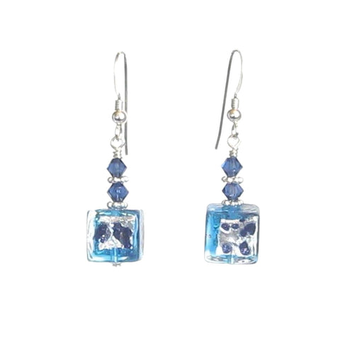Murano Glass Aqua Blue Leopard Cube Sterling Silver Earrings - JKC Murano