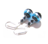 Italian Glass Black Aqua Striped Silver Earrings, Murano Jewelry - JKC Murano