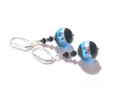 Italian Glass Black Aqua Striped Silver Earrings, Murano Jewelry - JKC Murano