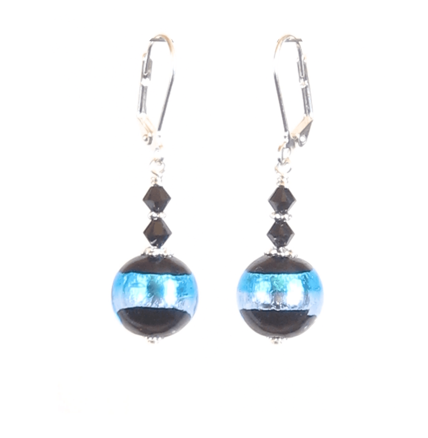 Italian Glass Black Aqua Striped Silver Earrings, Murano Jewelry - JKC Murano