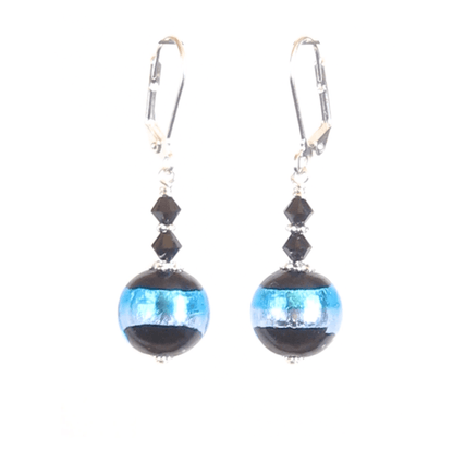 Italian Glass Black Aqua Striped Silver Earrings, Murano Jewelry - JKC Murano