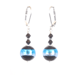 Italian Glass Black Aqua Striped Silver Earrings, Murano Jewelry - JKC Murano