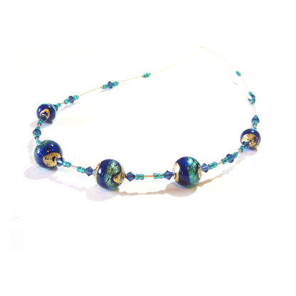 Murano Glass Cobalt Blue Aqua Ball Gold Necklace - JKC Murano