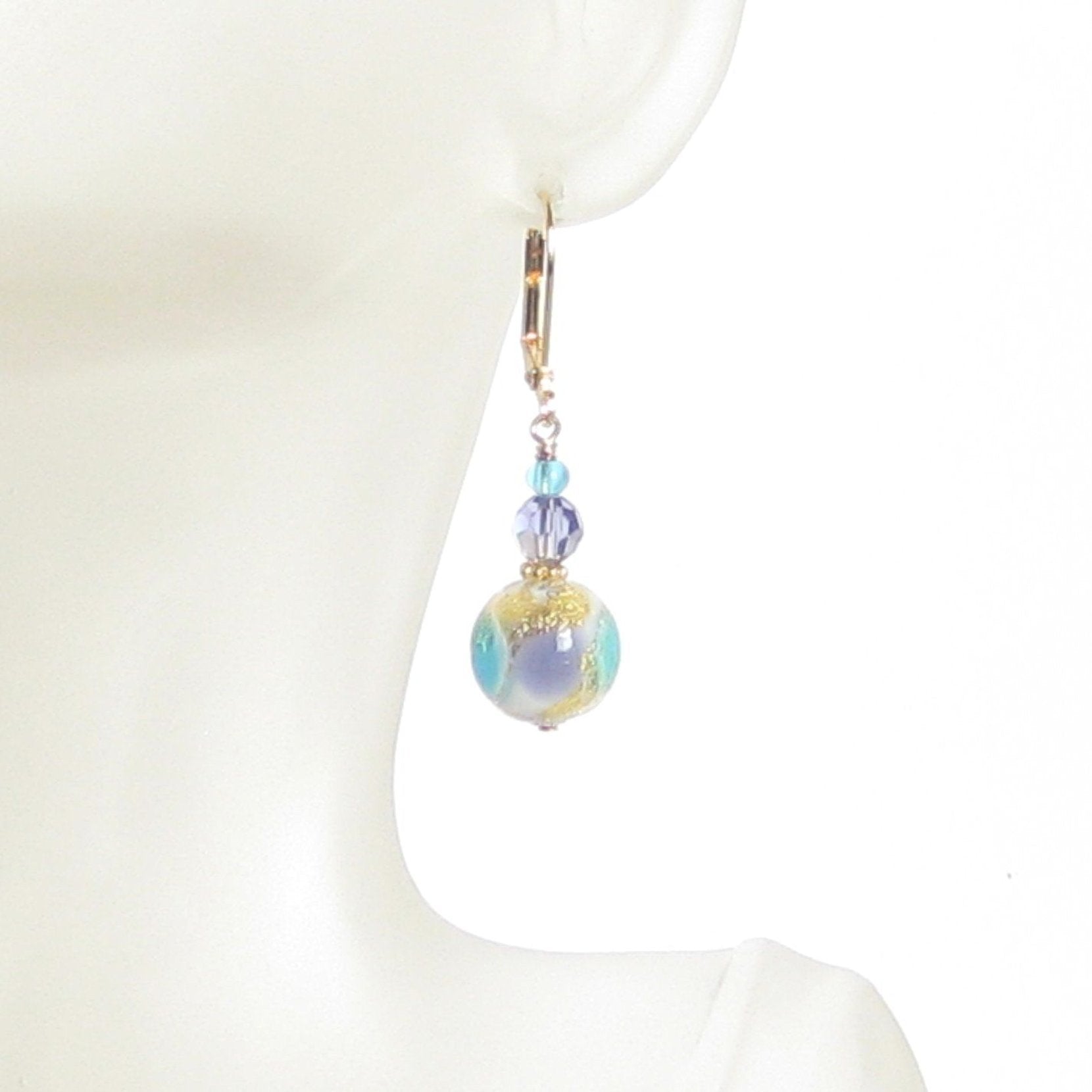 Murano Glass Aqua Plum Ball Gold Earrings - JKC Murano