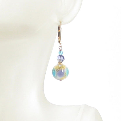 Murano Glass Aqua Plum Ball Gold Earrings - JKC Murano