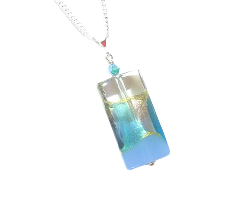 Genuine Murano Glass Blue Aqua Silver Rectangle Pendant - JKC Murano