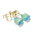Murano Glass Aqua Square Gold Earrings, Clip-Ons - JKC Murano
