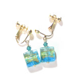 Murano Glass Aqua Square Gold Earrings, Clip-Ons - JKC Murano