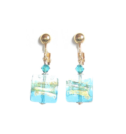 Murano Glass Aqua Square Gold Earrings, Clip-Ons - JKC Murano