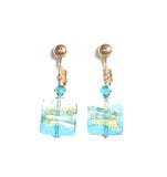 Murano Glass Aqua Square Gold Earrings, Clip-Ons - JKC Murano