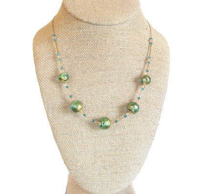 Murano Glass Aqua Green Ball Gold Necklace - JKC Murano