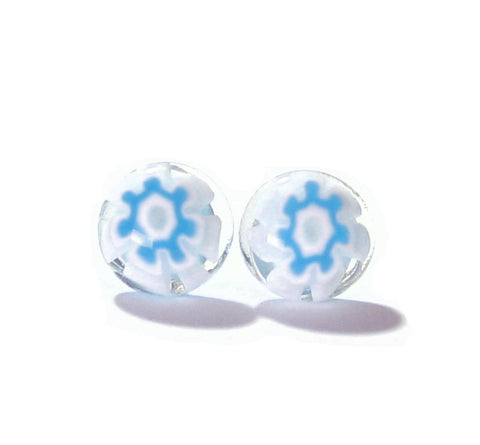 Murano Glass Aqua White Flower Millefiori Sterling Stud Earrings - JKC Murano