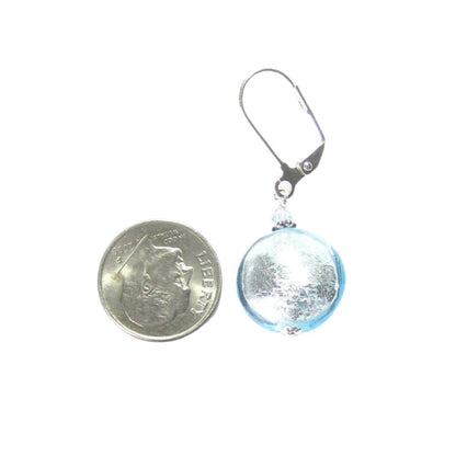 Murano Glass Aquamarine Disc Silver Earrings, Sterling Silver Leverback Earrings - JKC Murano